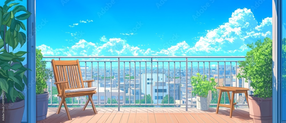 Fototapeta premium Scenic Urban Balcony with Wooden Chairs and Lush Greenery Under Blue Sky
