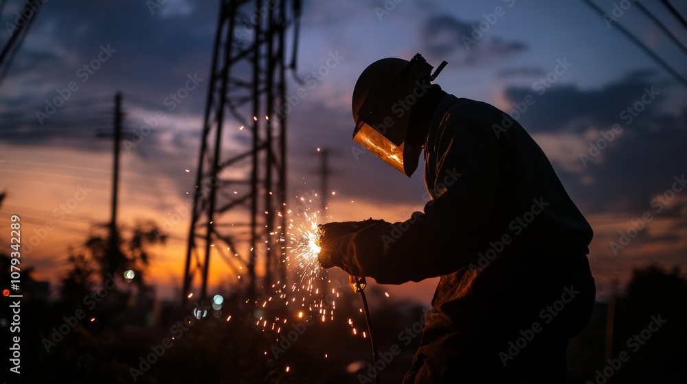 Fototapeta premium Construction worker performing welding tasks on a job site for structural development