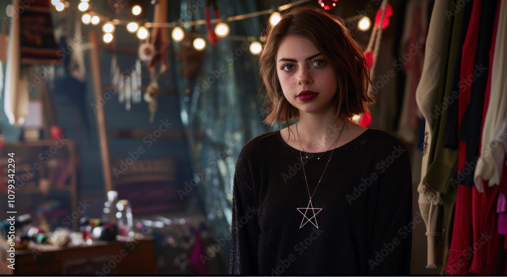 A young witch stands gracefully in a softly illuminated room filled with magical objects, exuding confidence with her striking appearance A young witch stands gracefully in a softly illuminated room filled with magical objects, exuding confidence with her striking appearance