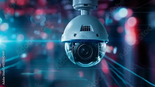 Dome security camera with digital interface background. Future Ai, Artificial Intelligence. Futuristic surveillance system technology concept. Security and control. Holographic data elements.