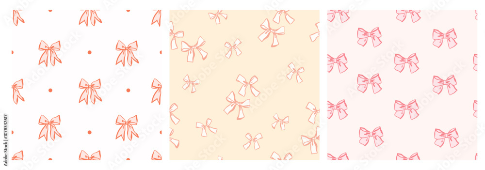 Fototapeta premium Set of seamless pattern with bows, hand drawn vector hair accessory