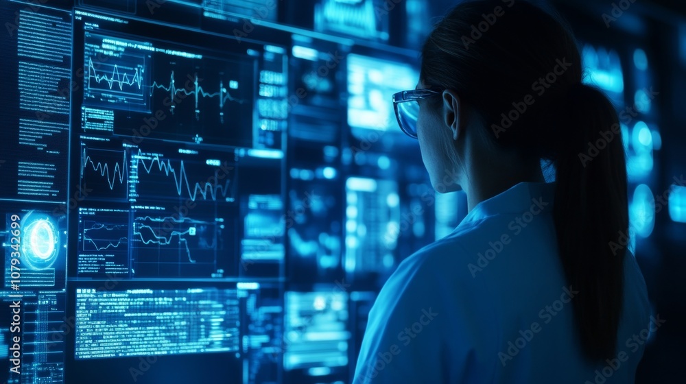 Nurse engaged with digital interface for patient data review in a blue themed setting Nurse engaged with digital interface for patient data review in a blue themed setting