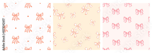 Set of seamless pattern with bows, hand drawn vector hair accessory