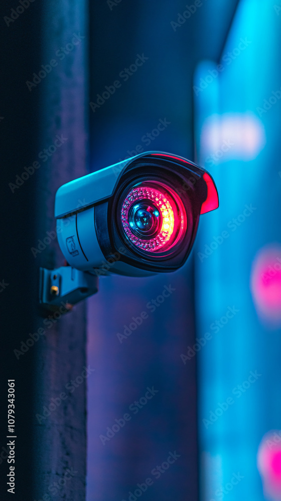 Enhanced night vision and surveillance capabilities with modern security camera featuring infrared leds, pole-mounted in neon-lit environment Enhanced night vision and surveillance capabilities with modern security camera featuring infrared leds, pole-mounted in neon-lit environment