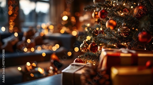 Christmas tree adorned with red and gold ornaments, surrounded by wrapped gifts, warm ambient lighting, cinematic bokeh effect for a cozy holiday atmosphere
