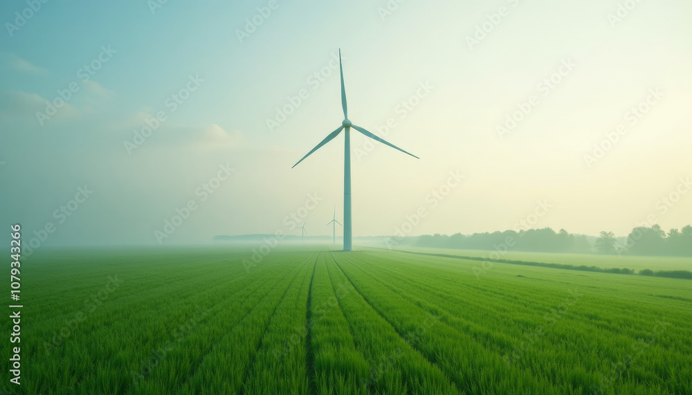 Obraz premium Misty Sunrise over a Green Field with Wind Turbines