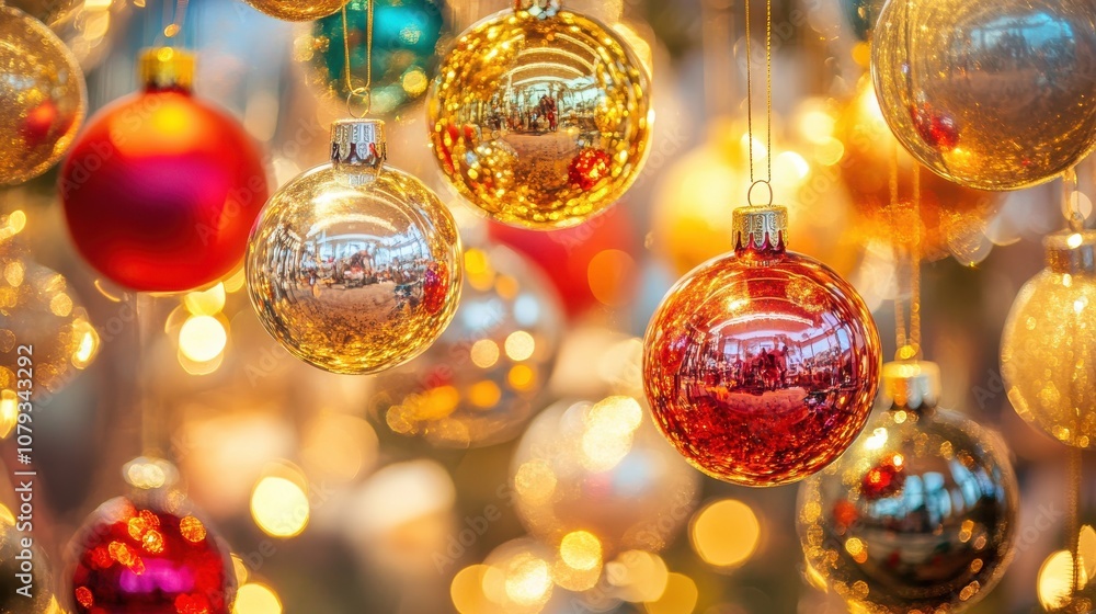 Close-up of Christmas tree ornaments, soft lights reflecting off glass baubles, creating a magical, cinematic feel