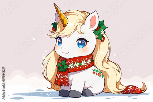 colorful  unicorn with blue eyes, gold braided glittery hair, wearing a red and white Christmas scarf 