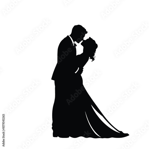 Black silhouette of kissing groom and bride ,black color silohouette on a white background