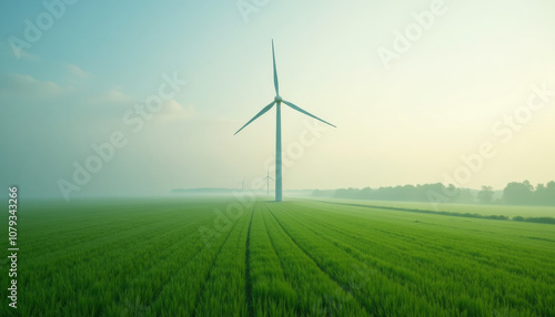 Misty Sunrise over a Green Field with Wind Turbines