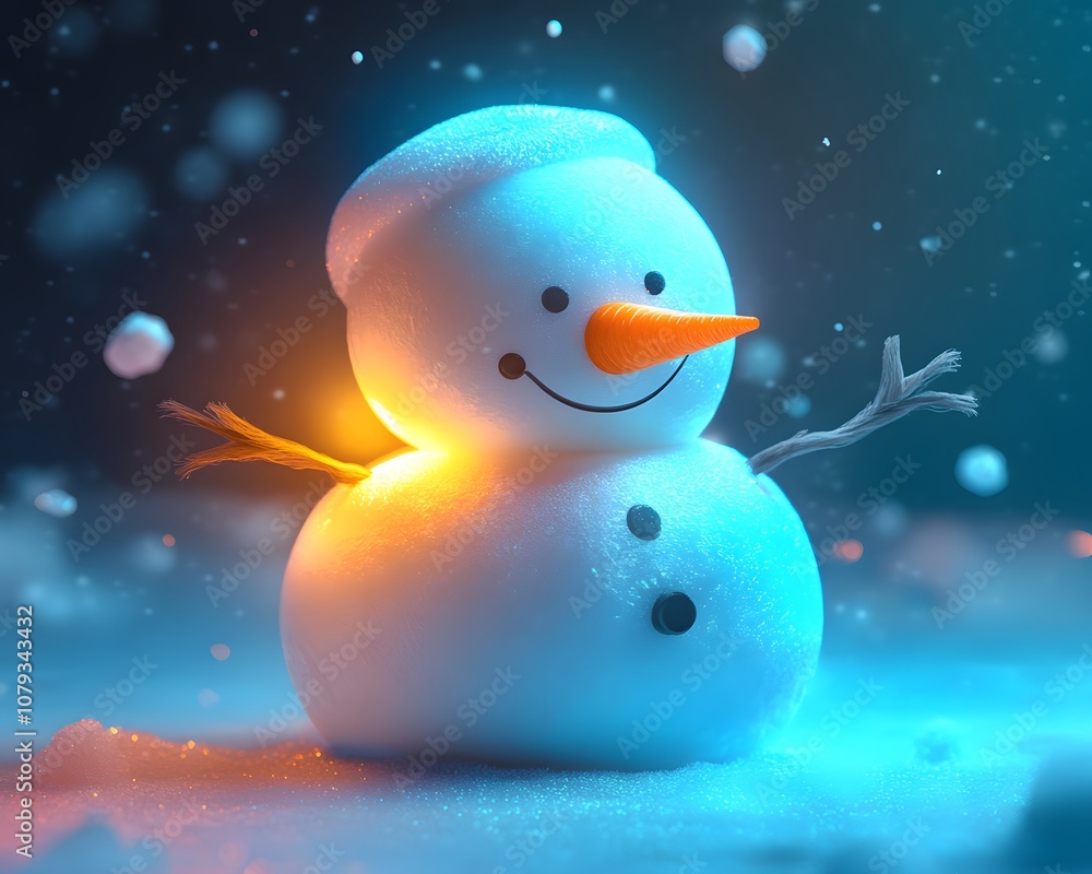 Obraz premium A cheerful snowman stands amidst a softly falling snow, radiating warmth and joy. The bright orange carrot nose and twinkling eyes create a magical winter scene.