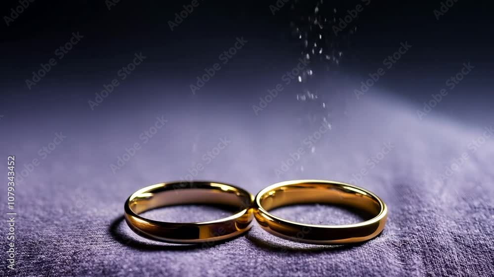 Two Wedding Rings Striking Each Other and Falling on a Purple Surface Generative AI Two Wedding Rings Striking Each Other and Falling on a Purple Surface Generative AI