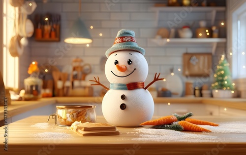 A cheerful snowman made of snow stands in a cozy kitchen, adorned with a colorful scarf and hat, surrounded by festive decorations and holiday treats, capturing the essence of wint photo