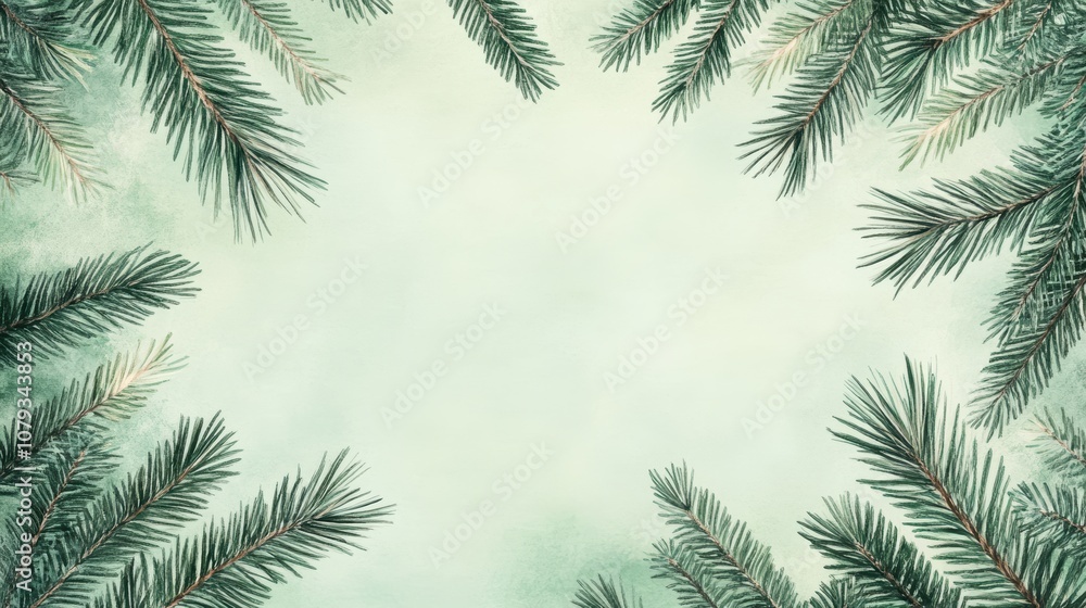 Festive pine branch frame on light pastel green background Festive pine branch frame on light pastel green background