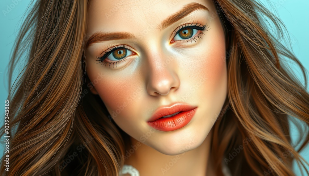 Captivating Portrait of a Young Woman with Natural Makeup Against a Soft Blue Background Captivating Portrait of a Young Woman with Natural Makeup Against a Soft Blue Background