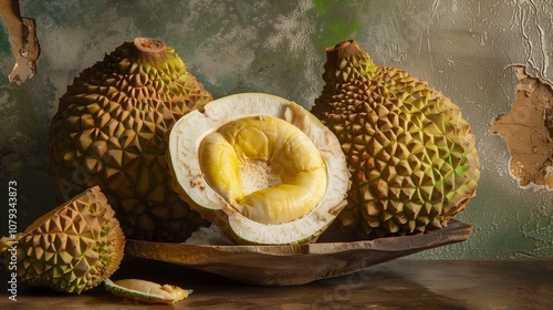 A close-up view of sliced marang fruit with creamy, soft flesh reveals its spiky exterior and custard-like interior, highlighting its tropical and exotic appeal. photo