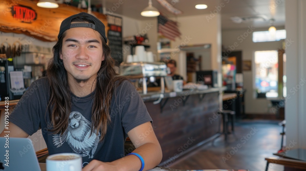 A young Native American entrepreneur focuses on his laptop while enjoying coffee in a vibrant co-working space filled with natural light A young Native American entrepreneur focuses on his laptop while enjoying coffee in a vibrant co-working space filled with natural light