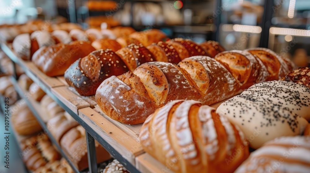 Freshly baked loaves of bread on display in a bakery. Freshly baked loaves of bread on display in a bakery.