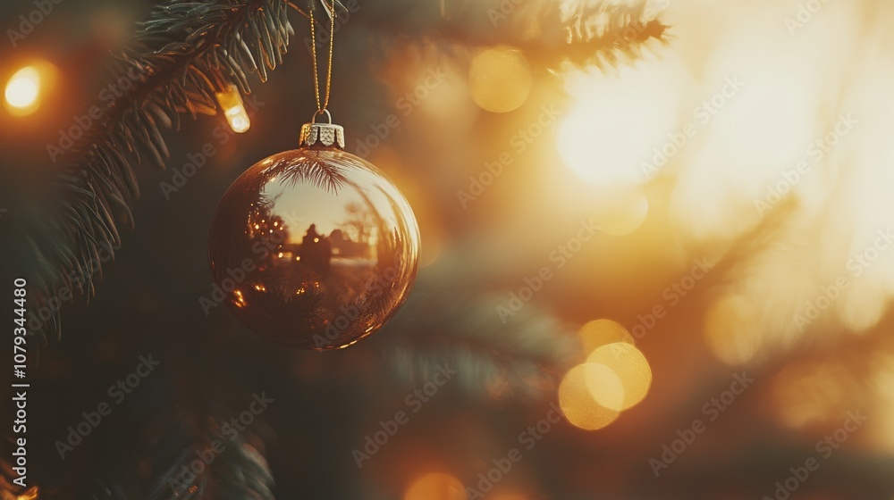 Close-up of a Christmas tree ornament, soft lights and a warm background, capturing a cinematic holiday feel Close-up of a Christmas tree ornament, soft lights and a warm background, capturing a cinematic holiday feel