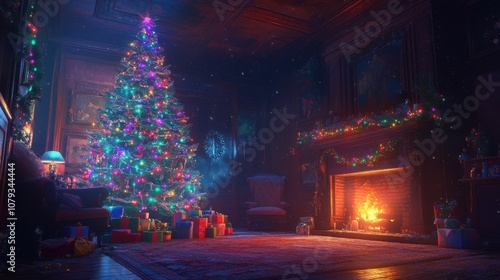 Christmas tree decorated with colorful lights and tinsel, cozy room with a glowing fireplace, cinematic perspective