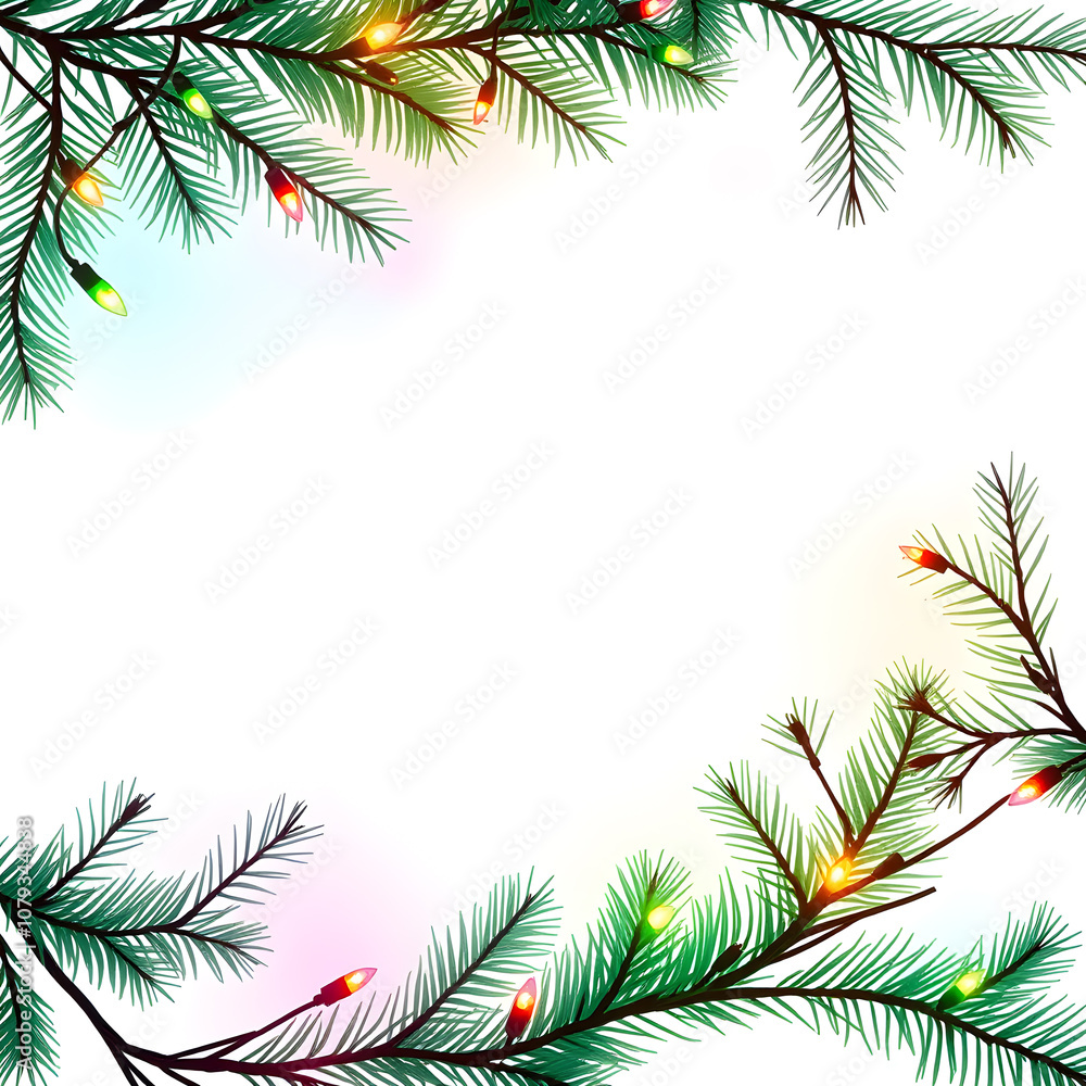 Christmas tree branches with lights watercolor frame on white background. Generative AI Christmas tree branches with lights watercolor frame on white background. Generative AI
