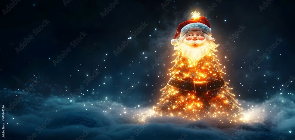 A whimsical depiction of a Santa Claus themed Christmas tree, adorned with twinkling lights and a star atop, surrounded by soft snowflakes in a magical winter wonderland. A whimsical depiction of a Santa Claus themed Christmas tree, adorned with twinkling lights and a star atop, surrounded by soft snowflakes in a magical winter wonderland.