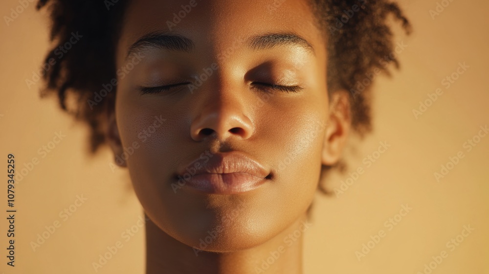 Close-up of a calm person with eyes gently closed in meditation, soft light highlighting natural freckles and serene features, creating a peaceful and tranquil mood with a neutral background. Close-up of a calm person with eyes gently closed in meditation, soft light highlighting natural freckles and serene features, creating a peaceful and tranquil mood with a neutral background.