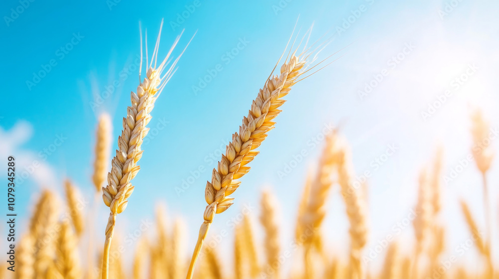Golden wheat stalks swaying gently under a bright blue sky at sunset Golden wheat stalks swaying gently under a bright blue sky at sunset