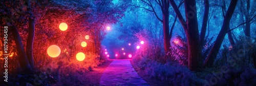 Fantasy forest path illuminated by neon lights, with vivid blue and purple trees and glowing, floating orbs