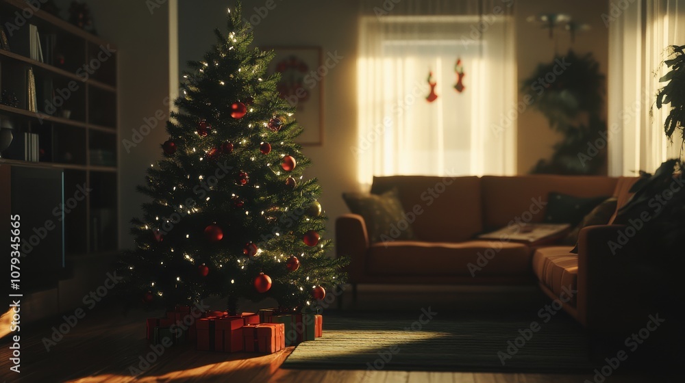 Elegant Christmas tree with red and green ornaments in a cozy living room, soft holiday lights and cinematic shadows Elegant Christmas tree with red and green ornaments in a cozy living room, soft holiday lights and cinematic shadows