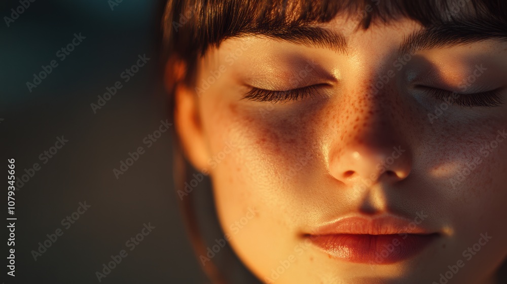Close-up of a calm person with eyes gently closed in meditation, soft light highlighting natural freckles and serene features, creating a peaceful and tranquil mood with a neutral background. Close-up of a calm person with eyes gently closed in meditation, soft light highlighting natural freckles and serene features, creating a peaceful and tranquil mood with a neutral background.