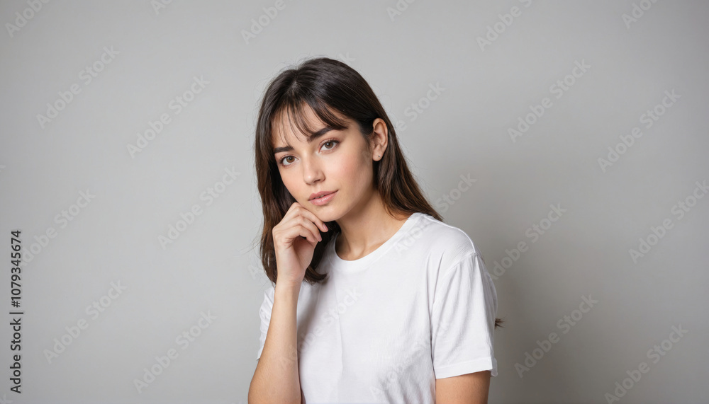 A woman with brown hair and bangs is wearing a white t-shirt while posing against a grey background A woman with brown hair and bangs is wearing a white t-shirt while posing against a grey background
