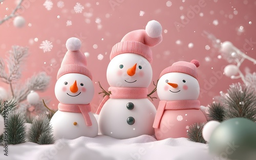 Wallpaper Mural Playful snowmen with pink hats stand amidst snow and festive decorations, embodying the joy of winter celebrations and family gatherings during the holiday season. Torontodigital.ca