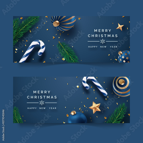 Two horizontal Christmas banners with ornaments, candy canes, and pine branches