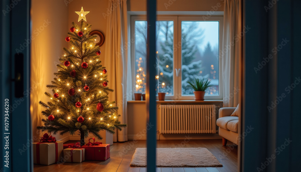 Fototapeta premium Christmas Tree in Cozy Living Room