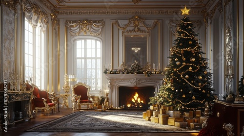 Wallpaper Mural Elegant Christmas tree in a grand room with a fireplace, decorated with gold ornaments, cinematic depth and warmth Torontodigital.ca