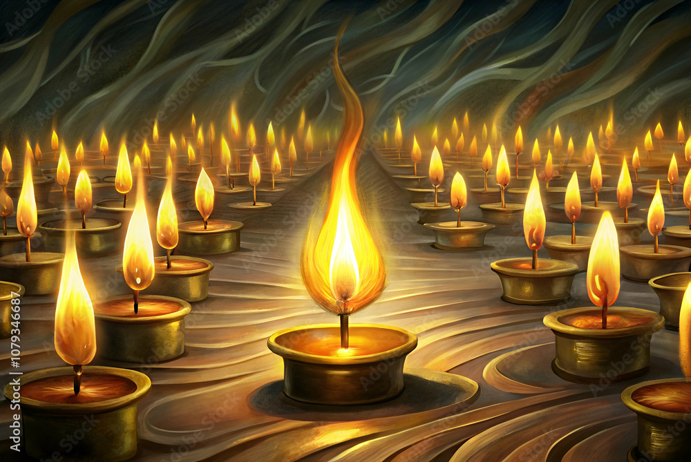 Fototapeta premium A standout A mesmerizing scene of flickering candles arranged in rows, casting a warm glow in a darkened ambiance, evoking tranquility and spiritual reflection.