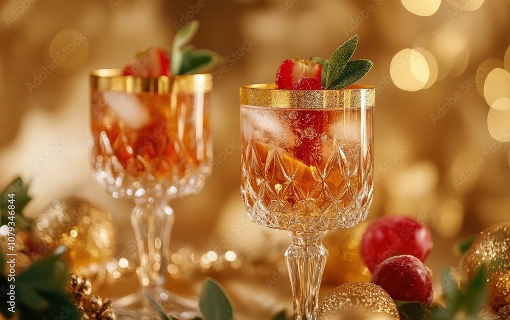 New Years Eve Cocktail Glasses with Golden Rim: Elegant cocktail glasses with a golden rim, filled with festive drinks and garnished with fresh fruit, on a decorative background New Years Eve Cocktail Glasses with Golden Rim: Elegant cocktail glasses with a golden rim, filled with festive drinks and garnished with fresh fruit, on a decorative background