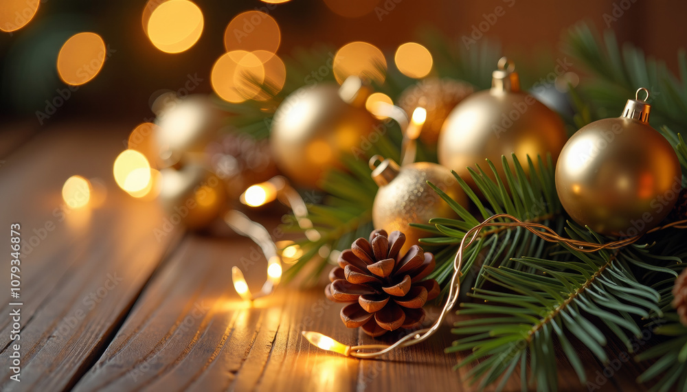 Golden Christmas Decorations on Wooden Table Golden Christmas Decorations on Wooden Table
