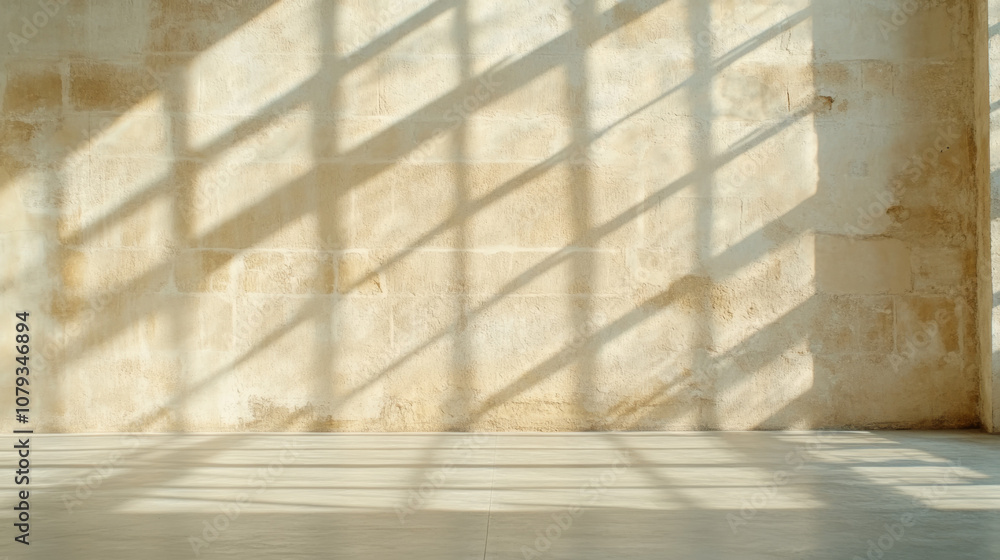 Sunlight casting dramatic shadows on a minimalist stone wall indoors Sunlight casting dramatic shadows on a minimalist stone wall indoors