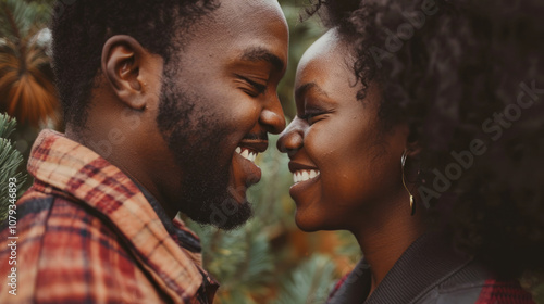 A couple gazing at each other with love in a lush forest setting during a serene autumn afternoon