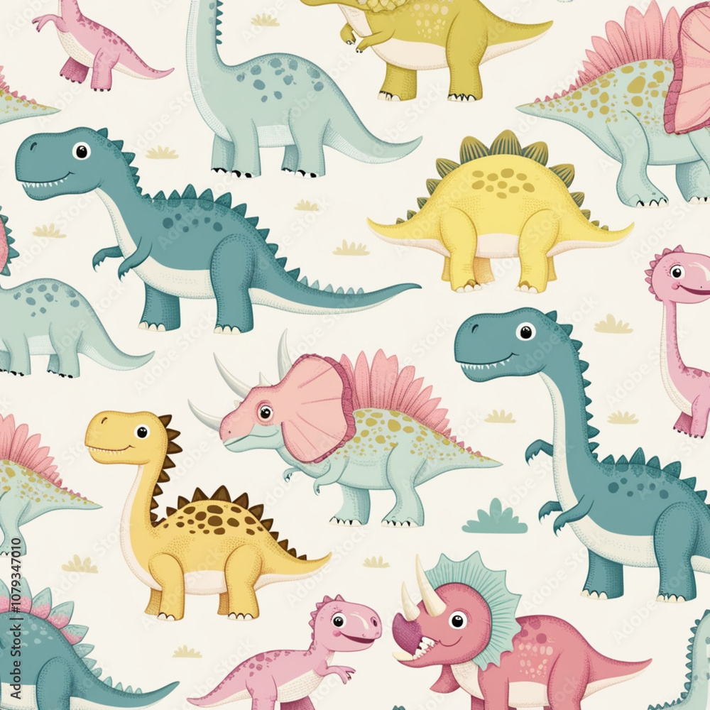 A vibrant array of cartoon dinosaurs in various colors and styles fills the cream background. This whimsical design appeals to children and enhances playful environments.generative ai A vibrant array of cartoon dinosaurs in various colors and styles fills the cream background. This whimsical design appeals to children and enhances playful environments.generative ai