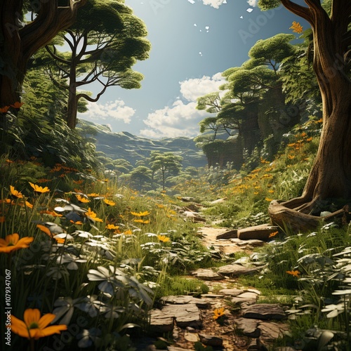 A peaceful forest with bright sunlight flower leaf stones fountain