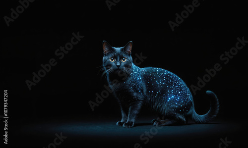 A black cat with glowing blue spots sits on a dark surface, looking directly at the camera photo