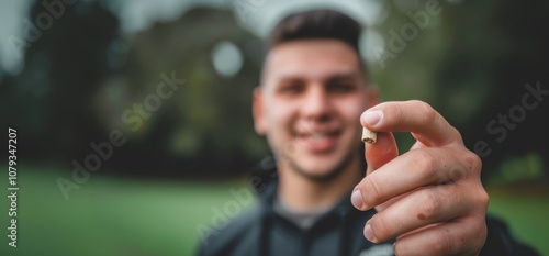 A young person joyfully breaks a joint in half amidst a lush green park, representing a significant lifestyle change photo