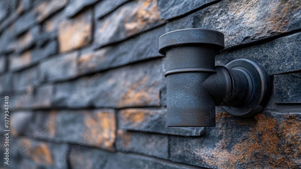 Metal pipe on a textured stone wall Metal pipe on a textured stone wall