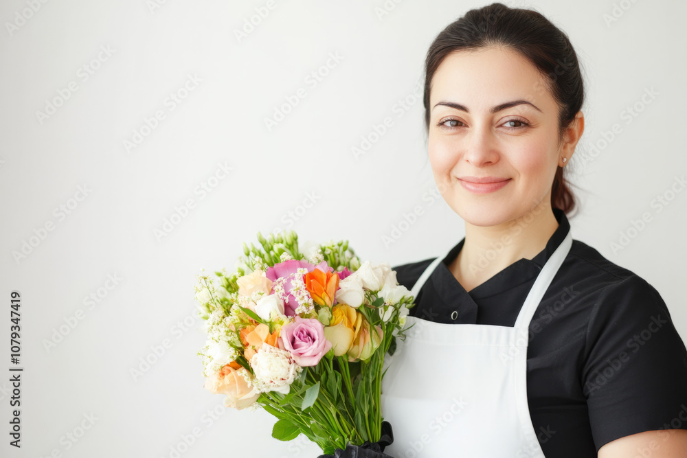 Florist holding a vibrant bouquet of flowers in a bright studio space Florist holding a vibrant bouquet of flowers in a bright studio space