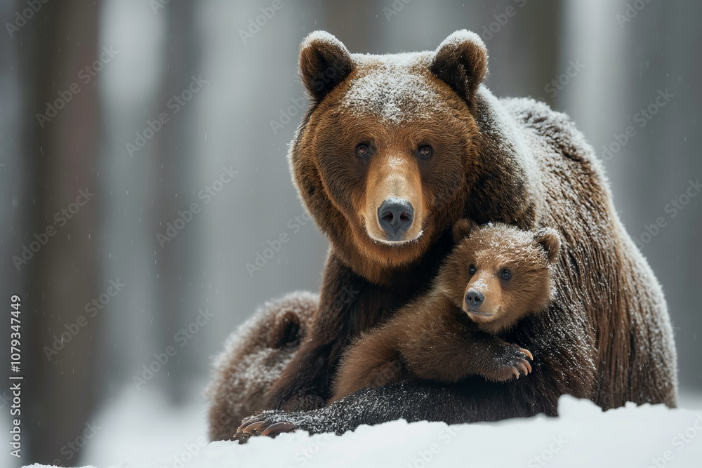 Fototapeta premium Mother bear stands protectively with her cub in a snowy forest during winter