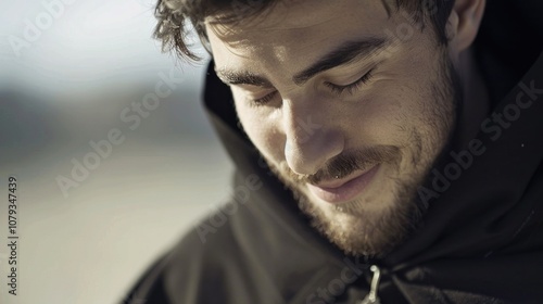 A serene young Spanish friar stands with a cross around his neck, looking down with a calm smile in soft natural light