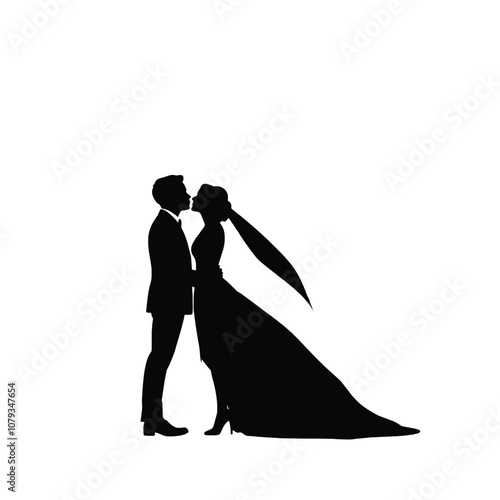 Black silhouette of kissing groom and bride ,black color silohouette on a white background